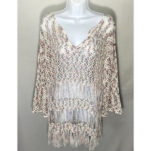 POL  Cover-up Knit Open Knit Fishnet Dress red white blue flowy boho sz Medium M